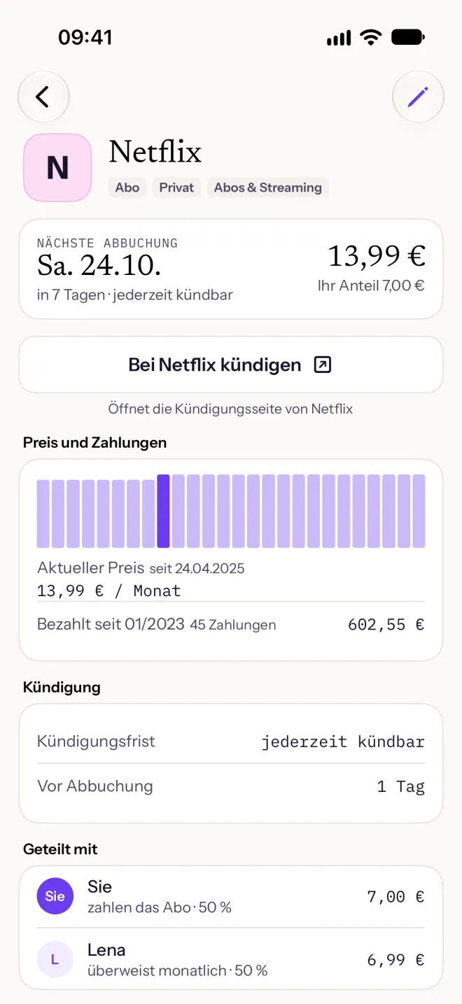 Ein Abo im Detail: nächste Abbuchung, Ihr Anteil, Preisverlauf und der Knopf zum Kündigen.