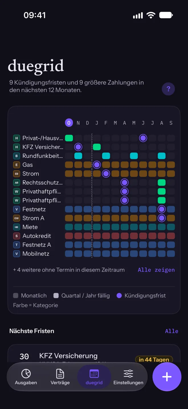 Das duegrid-Raster: Zahlungen und Kündigungsfristen der nächsten 12 Monate, eine Zeile pro Vertrag.