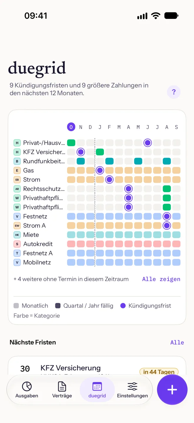 Das duegrid-Raster: Zahlungen und Kündigungsfristen der nächsten 12 Monate, eine Zeile pro Vertrag.