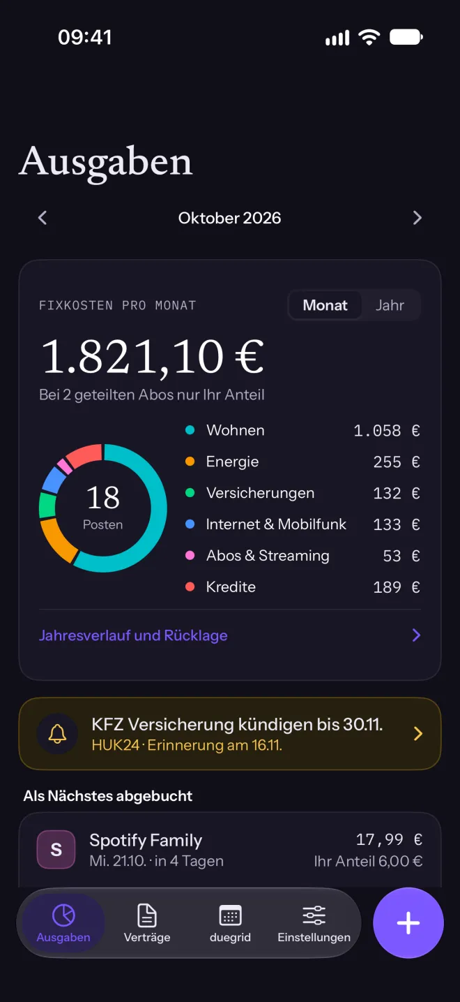 Der Bereich Ausgaben: Fixkosten pro Monat, aufgeteilt nach Kategorien, und die nächste Kündigungsfrist.