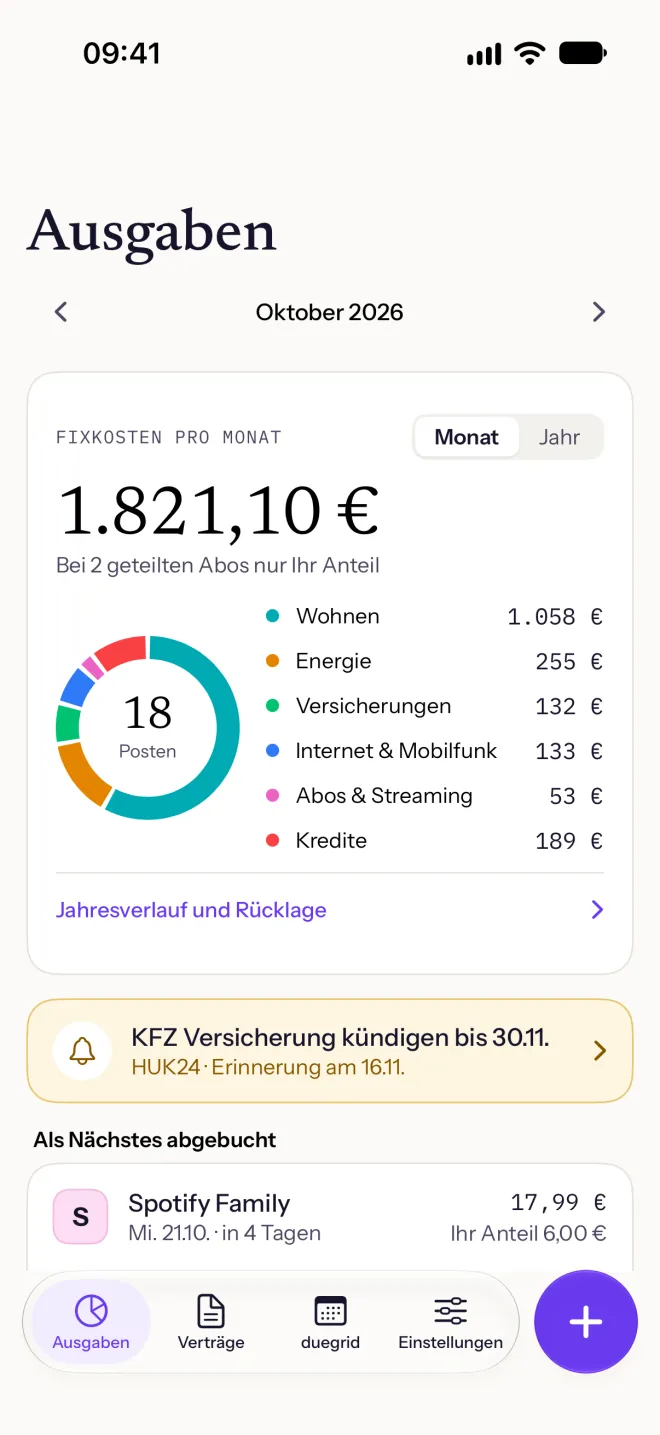 Der Bereich Ausgaben: Fixkosten pro Monat, aufgeteilt nach Kategorien, und die nächste Kündigungsfrist.
