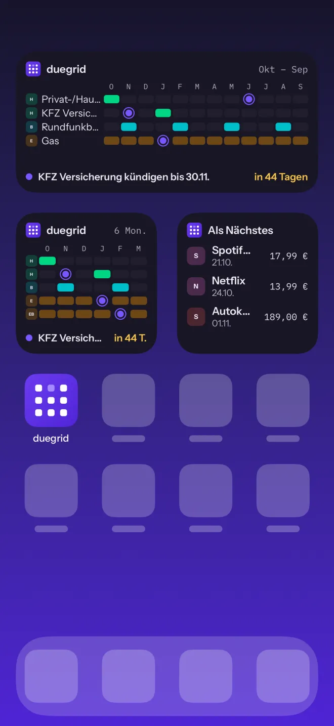 Widgets von duegrid auf dem Homescreen: das Raster, die nächsten 6 Monate und die nächsten Abbuchungen.