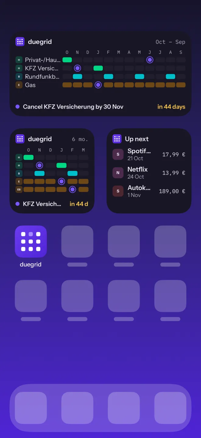 duegrid widgets on the home screen: the grid, the next 6 months and upcoming charges.