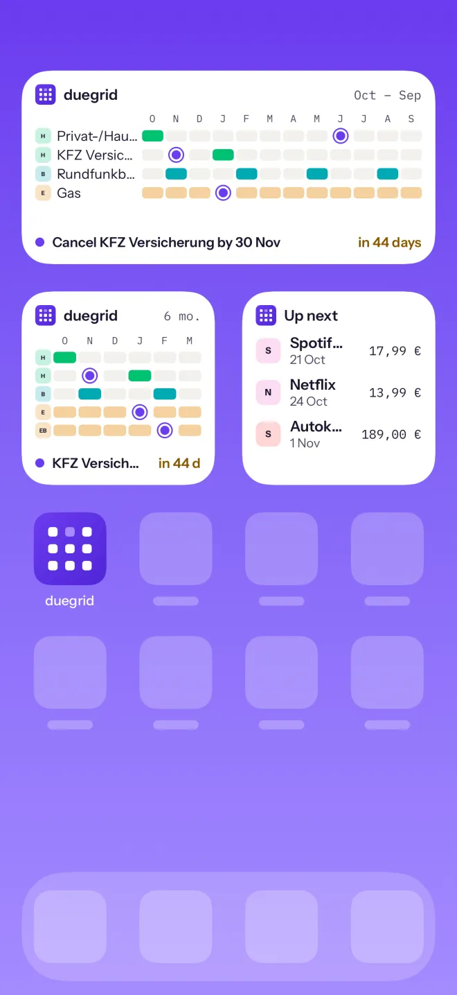 duegrid widgets on the home screen: the grid, the next 6 months and upcoming charges.